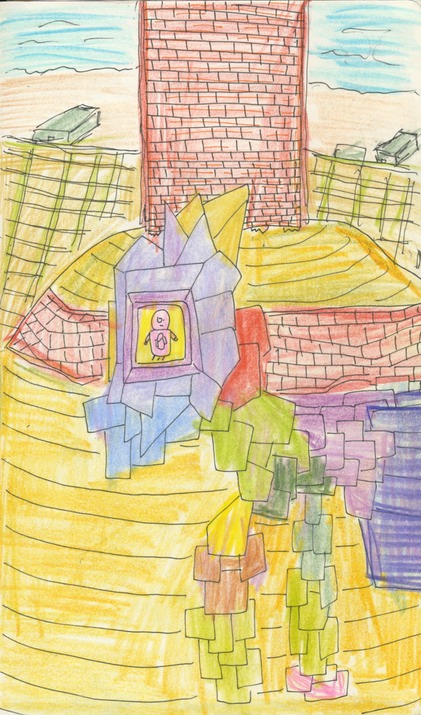 Dragon with a castle, farms and ocean in the background